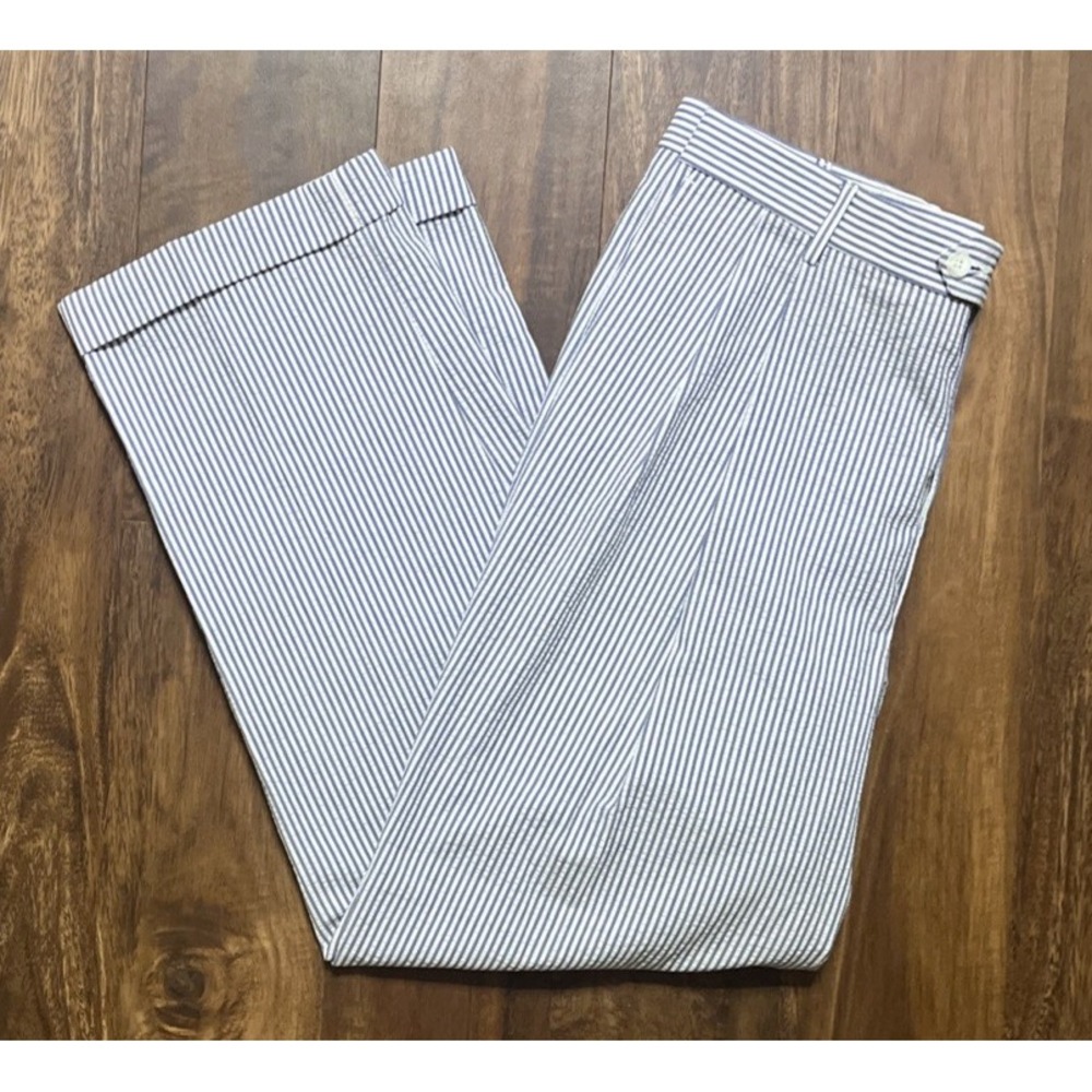 T. Harris Striped Seersucker Dress Pants Men's 38x30 White Blue Pleated Cuffed